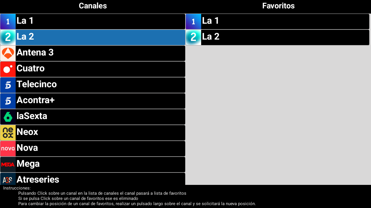 Pantalla de configuración de lista de canales favoritos