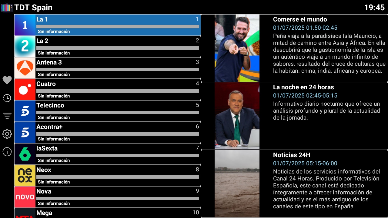 Captura de pantalla de la interfaz principal de TDT Spain