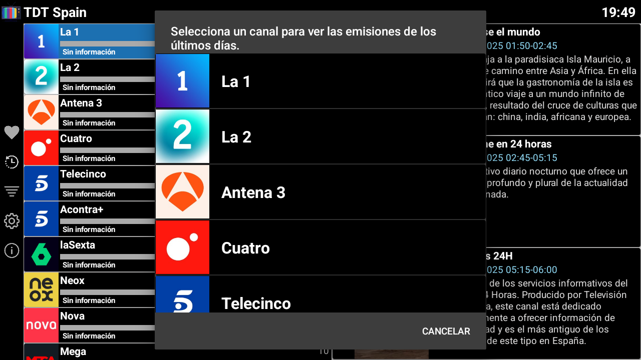 Selección de canal para ver emisiones anteriores